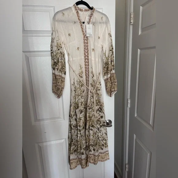 NWT Zimmermann Golden Floral Long Sleeve Buttons Linen Dress 0 US4 - Picture 5 of 17